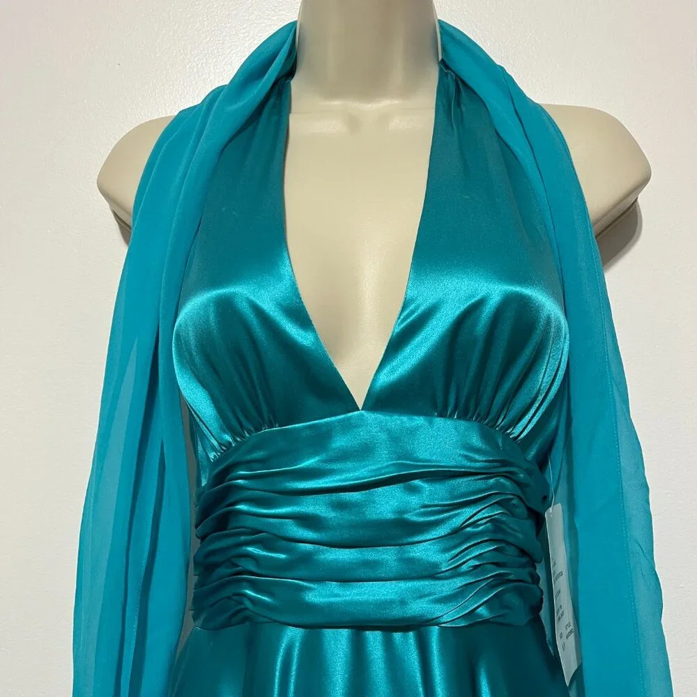 Papell Boutique Silk Halter Babydoll Dress 6P Blue Y2K Fairy Mermaid Gala HOCO